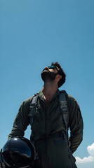 Fototapeta premium A U.S. Air Force fighter pilot standing beside a jet, helmet in hand, looking up at the clear blue sky.