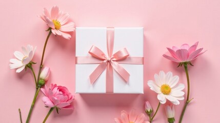 A delicate white gift box adorned with a blush pink ribbon, nestled amongst a charming arrangement of pink and white blossoms on a soft pink background.
