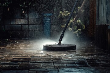 Rotating power washer attachment effectively scrubbing outdoor surface in bright daylight conditions. Generative AI