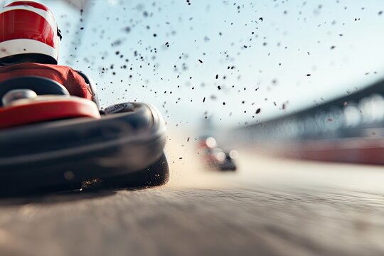 dynamic shot of karts competing in tight race with dust and tire marks accentuating action