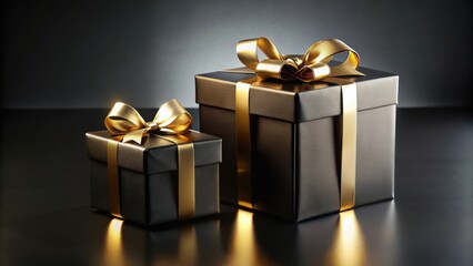 Elegant Black Gift Boxes with Gold Ribbons on Dark Surface