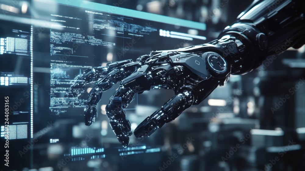 Poster robotic arm interacting with a futuristic interface, navigating digital information in a cutting edg