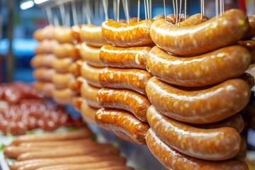 A collection of sausages hung from a metal rack, ready for cooking or serving