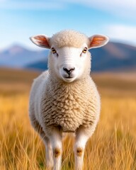 Obraz premium A cute sheep standing in a golden field with mountains in the background, showcasing the beauty of nature.
