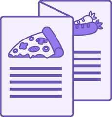 Colored Menu Icon. Vector Icon. List of Different Dishes and Drinks in Cafe. Pizza and Sausages. Restaurant Concept