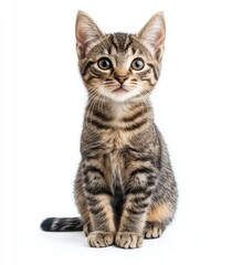 Adorable tabby kitten with striking blue eyes posing against a clean white background, showcasing its playful and curious nature in a studio setting
