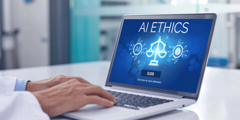 AI ethics responsibility standard law and rules on computer screen provide report of AI ethic transparency preventing technology crime. brisk