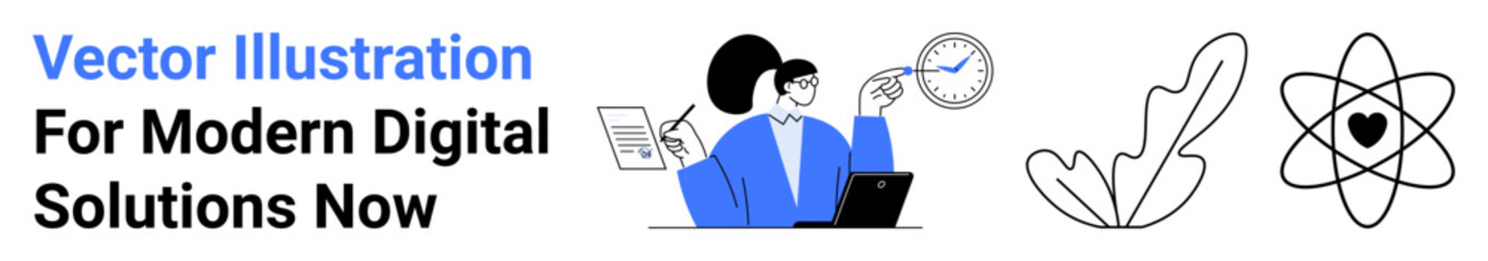 Woman working on laptop with document, clock, atom, and abstract leaf. Ideal for technology, business, innovation, education, digital transformation productivity concepts flat landing page banner
