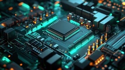 Obraz premium Futuristic motherboard featuring an advanced cpu cooling system with vibrant teal lights, highlighting intricate circuitry and symbolizing cutting edge technology