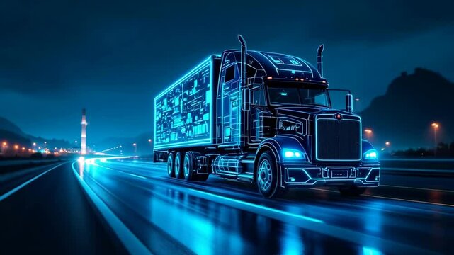 Futuristic semi truck with glowing blue neon lights driving on night highway. Cinematic night transportation scene with luminous trailer and light trails on dark road