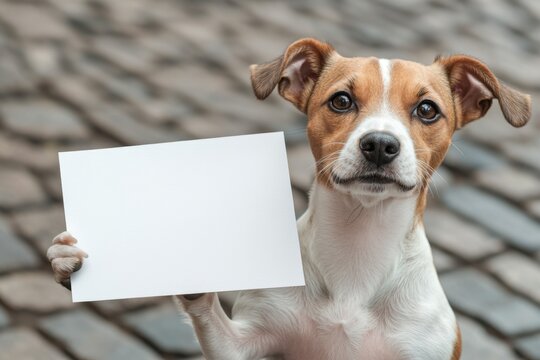 A brown and white dog holds a white sign, great for pet adoption or protest imagery
