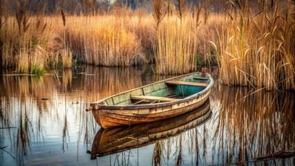 Obraz premium Serene wooden rowboat floats on tranquil water, surrounded by tall reeds reflecting golden sunlight