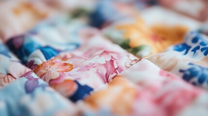 Vibrant close up of quilted fabric squares showcasing intricate stitching and colorful patterns during National Craft Month