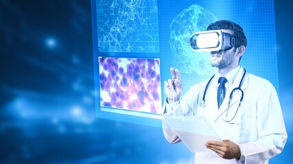 Medical worker holding medical document hologram while standing at laboratory. Doctor checking and...