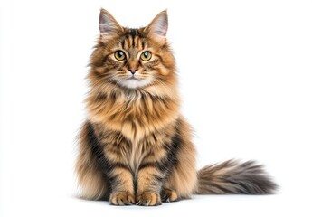Obraz premium Beautifully Fluffy Cat with Striking Features on White Background Showcasing Feline Elegance and Grace in a Captivating Portrait Shot
