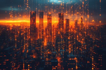 Fototapeta premium A vibrant city skyline illuminated by glowing particles at sunset.