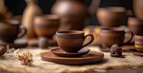 Wooden mugs crafted in ancient Russian style are arranged on a table along with other handmade items showcasing local artistry.