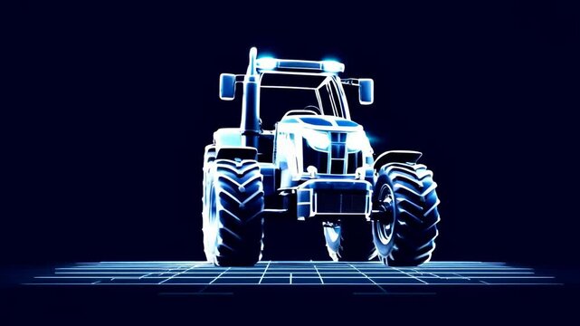 Neon blue tractor animation frames sequence with glowing wireframe effect. Modern agricultural machinery in digital art style. Futuristic farming vehicle concept on dark background