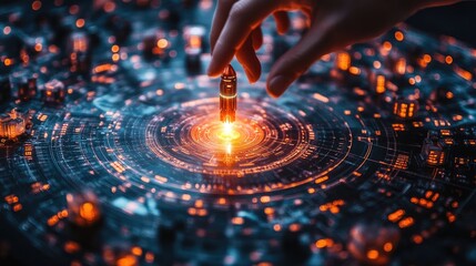 A hand interacts with a glowing, intricate digital interface, suggesting technological exploration.