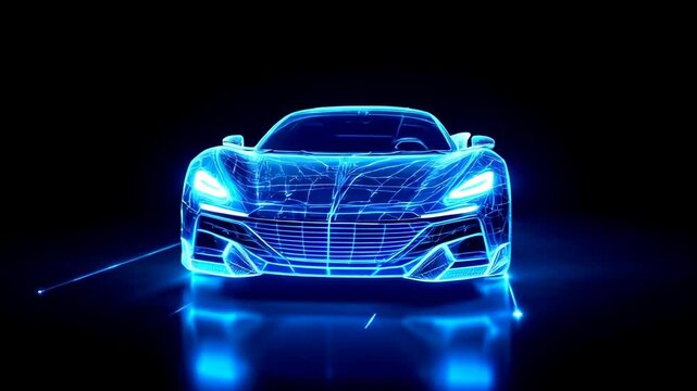 Futuristic sports car concept with neon blue holographic wireframe effect. High-tech automotive design visualization glowing in darkness. Digital art representation of modern supercar