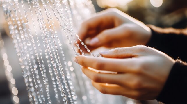 Artisan hands skillfully string delicate gemstone beads onto fine silver chain in a sunlit workshop during National Craft Month - Powered by Adobe