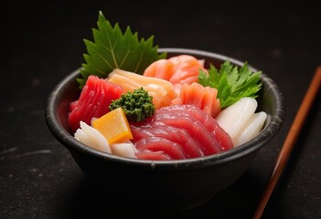 Exquisite sashimi assortment showcased in a dark bowl with vibrant greens