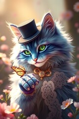 cat in top hat and butterfly flying multicolor color