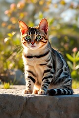 cat on the garden wall on a sunny day