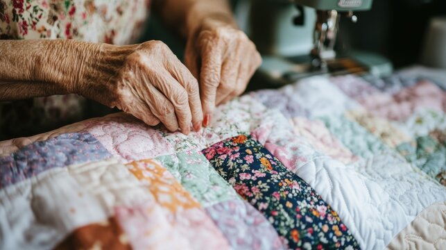 Elderly woman hand stitching a colorful quilt in a cozy workspace during National Craft Month - Powered by Adobe