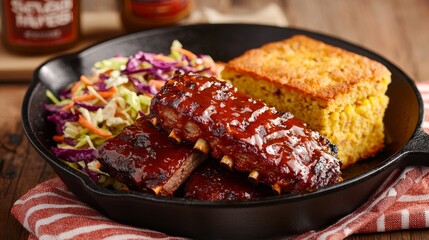 Delicious barbecue ribs served with coleslaw and cornbread in a cast iron skillet on a rustic wooden table.