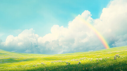 Vast Green Meadow Under a Vibrant Rainbow