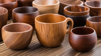 Wooden mugs crafted in ancient Russian style are arranged on a table along with other handmade items showcasing local artistry