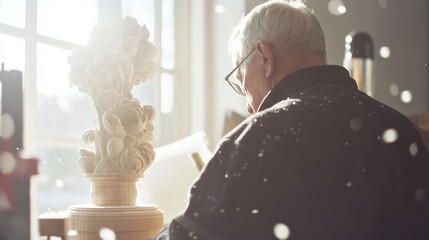 Elderly craftsman carves intricate floral design into oak wood in a sunlit workshop during National Craft Month
