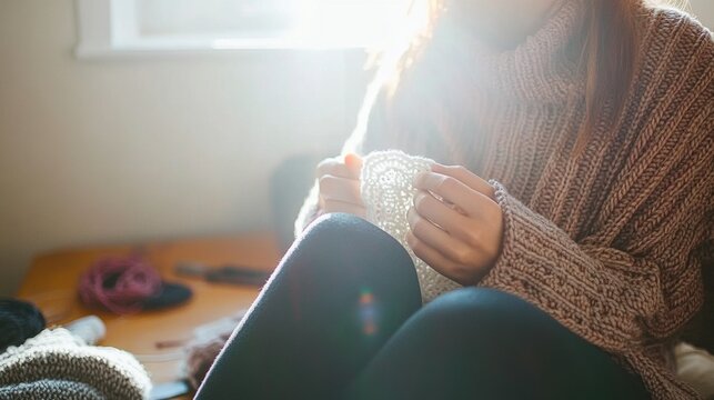 Cozy crochet sessions featuring hands skillfully crafting a delicate lace doily with natural daylight streaming through the window during National Craft Month