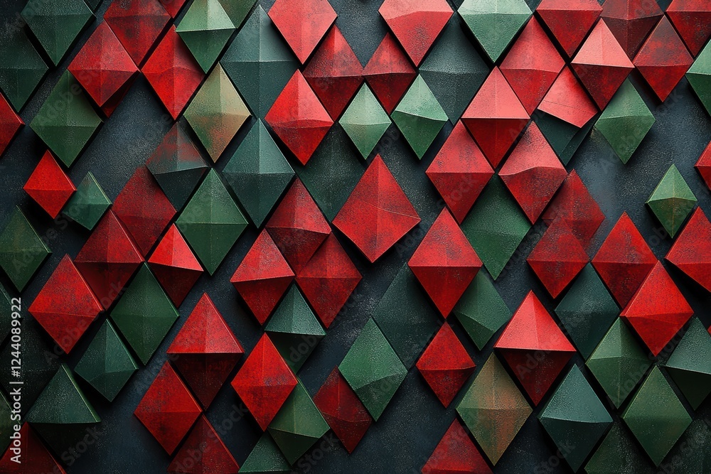 Poster Geometric display of interlocking red and green triangles creating a vibrant pattern