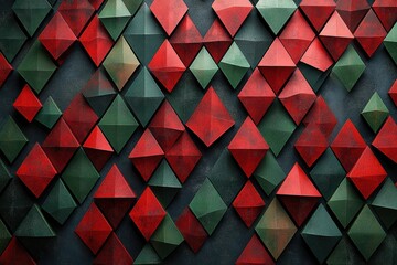 Geometric display of interlocking red and green triangles creating a vibrant pattern