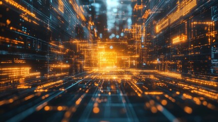 Obraz premium Futuristic digital data network with glowing orange and blue lights