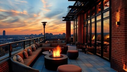 Fototapeta premium Rooftop Lounge at Sunset: Cityscape Views and Cozy Ambiance
