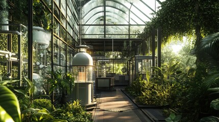 chemical research facility surrounded by greenery, emphasizing harmony between science and the environment