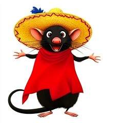 Cute cartoon mouse character wearing sombrero and poncho, cheerful