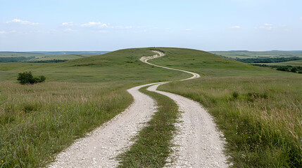 Fototapeta premium Winding dirt road up grassy hill, prairie background, travel