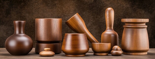 Wooden mugs crafted in ancient Russian style are arranged on a table along with other handmade items showcasing local artistry