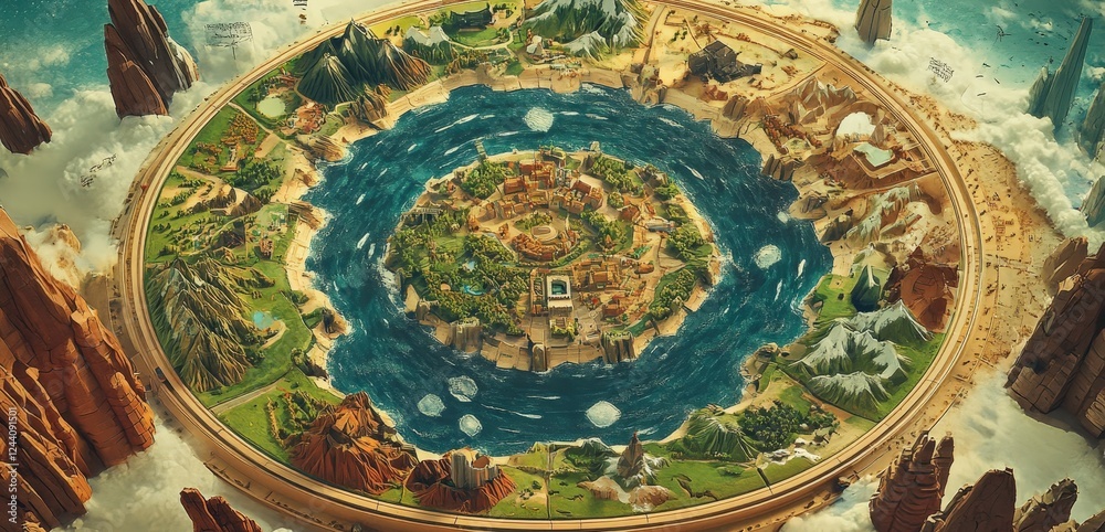 Poster circular world map where the continents are arranged in a dynamic, rotating format, with interactive