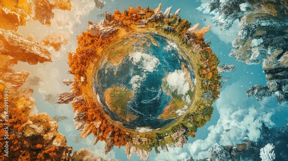 Poster circular world map where the continents are arranged in a dynamic, rotating format, with interactive