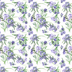 Floral watercolor vintage seamless patterns blue on white. Hand drawn background for packaging design, textile, wrapping paper, wallpaper, fashion.