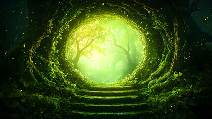 Obraz premium Magical forest portal, stone steps leading to sunlit woods. Fantasy backdrop for games, posters