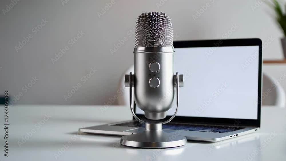 Poster professional condenser microphone on a desk with a laptop in the background, ready for recording a p
