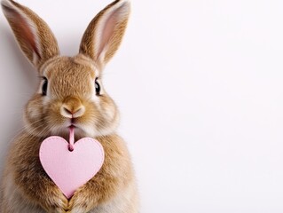 Fototapeta premium Cute rabbit holding a pink heart, showcasing love and affection in a playful manner.