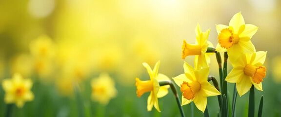 Fototapeta premium Spring background with beautiful yellow daffodils. Perfect for St. David's Day and Women's Day. Spring concept.