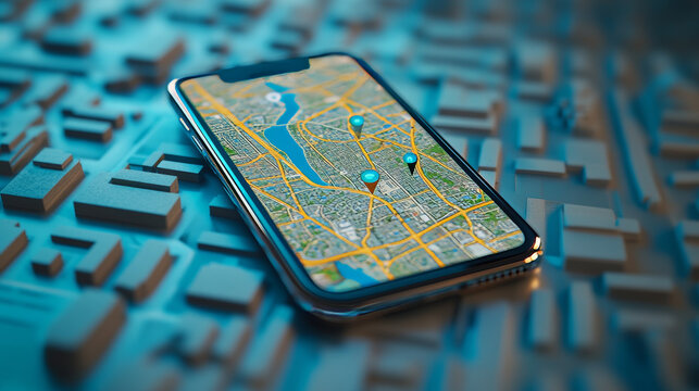 Phone with map and pins. Phone app, gps tracker, geo location, uber route, pin pointer, navigation plan, online search, taxi app, uber mobile service concept.